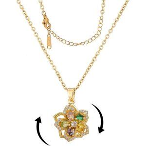 Women Gold Flower Fidget Colorful Necklace Rotatable Crystal Blossom Pendant